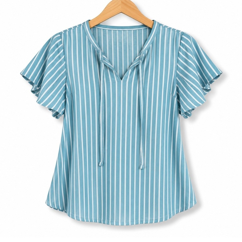 Denim & Co Womens 1X Smoky Blue Striped Favorite Jersey Flutter Sleeve A675254